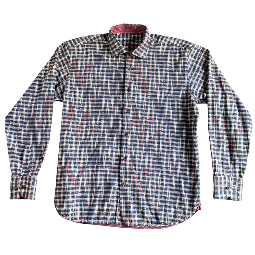 Visconti Black Mens Button Front Shirt L Blue Cotton Plaid Abstract Hamsa Logo